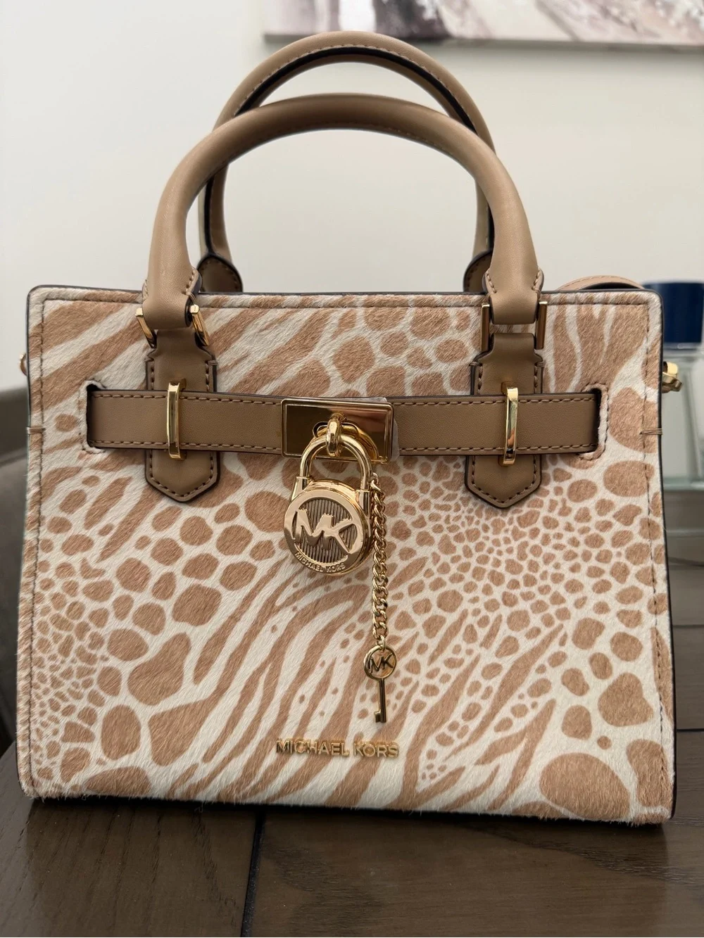 Michael Kors Beige Animal-Print Satchel with Gold Hardware